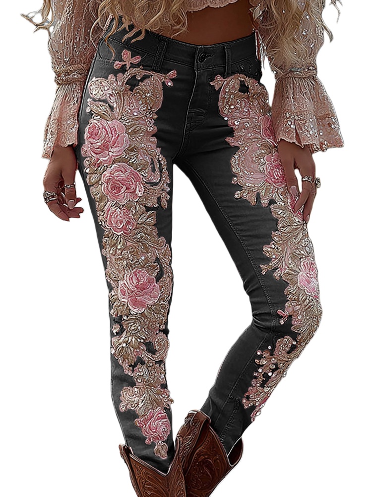 Retro Floral Print Jeans High Waist Slim Imitation Jeans Elegant Casual Trousers